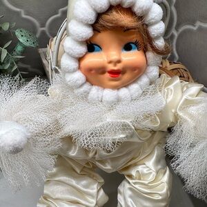 Vintage 50’s Kitsch Posable Jester doll Winter White Satin Snowsuit